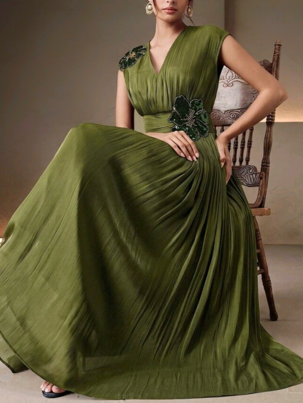 New Metallic Sequin Beaded 3D Flower Maxi Dress Ruched Waist Olive Green - Picture 3 of 15